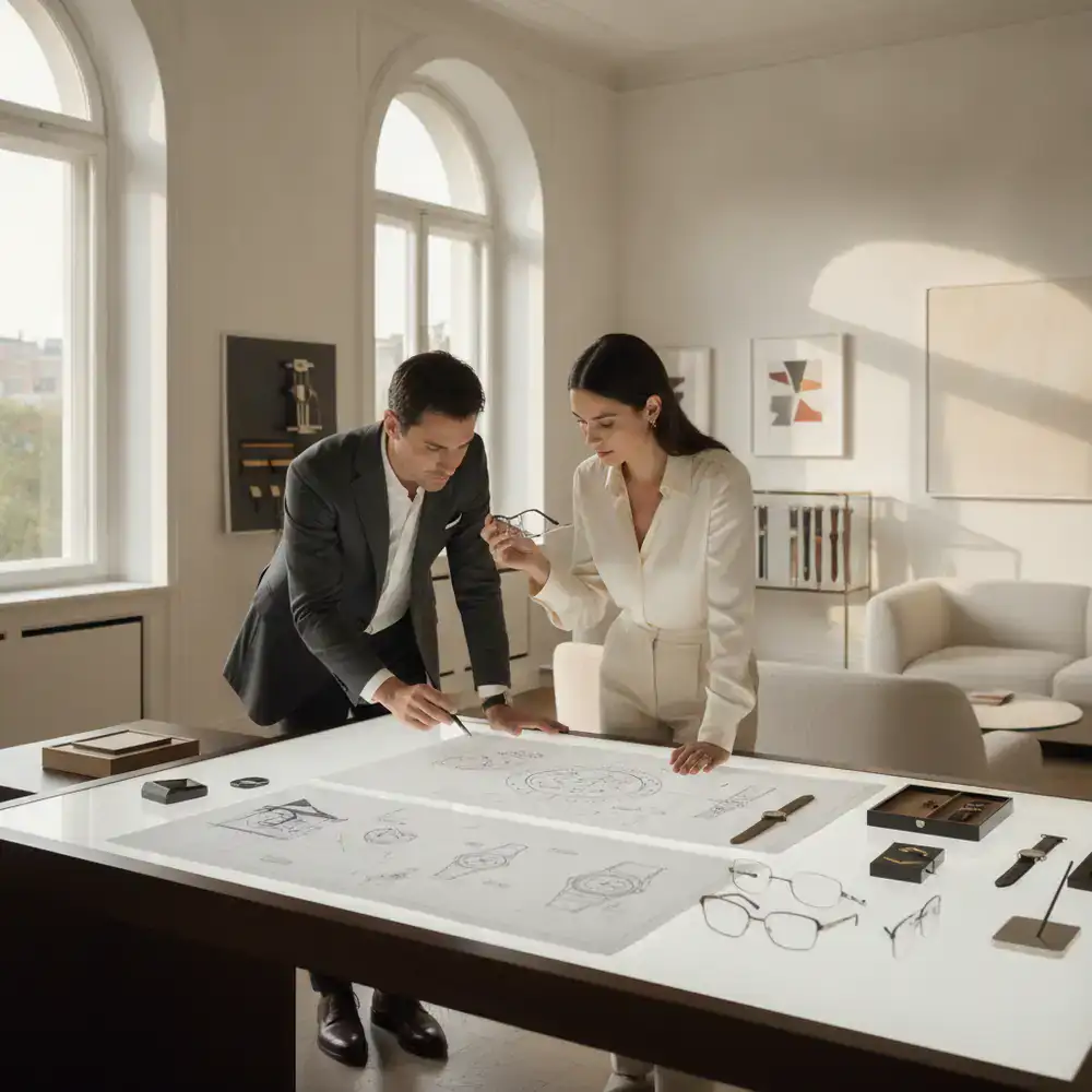 Founders reviewing watch schematics and eyewear frames