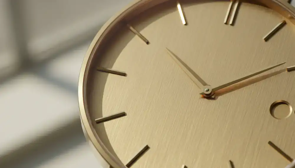 Close up of a brushed gold watch dial